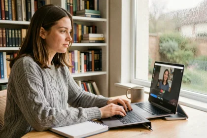 Young woman studying online with a laptop during a virtual tutoring session at a home desk in the UK