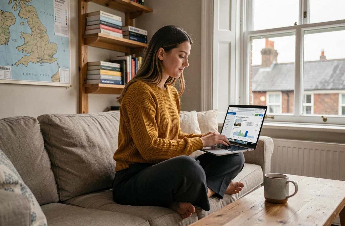 A young woman working on an SEO report for a UK e-commerce business from a stylish home office in a British townhouse