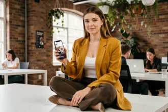 Young British woman in a mustard blazer using TikTok on her smartphone in a modern London co-working space, illustrating social media marketing trends in the UK.