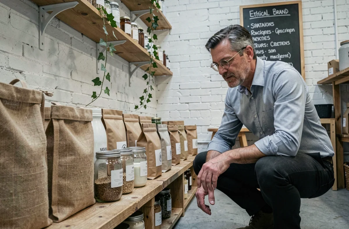 A male entrepreneur examines sustainably packaged products on a wooden shelf inside a zero-waste concept store in Manchester, reflecting UK green marketing trends.